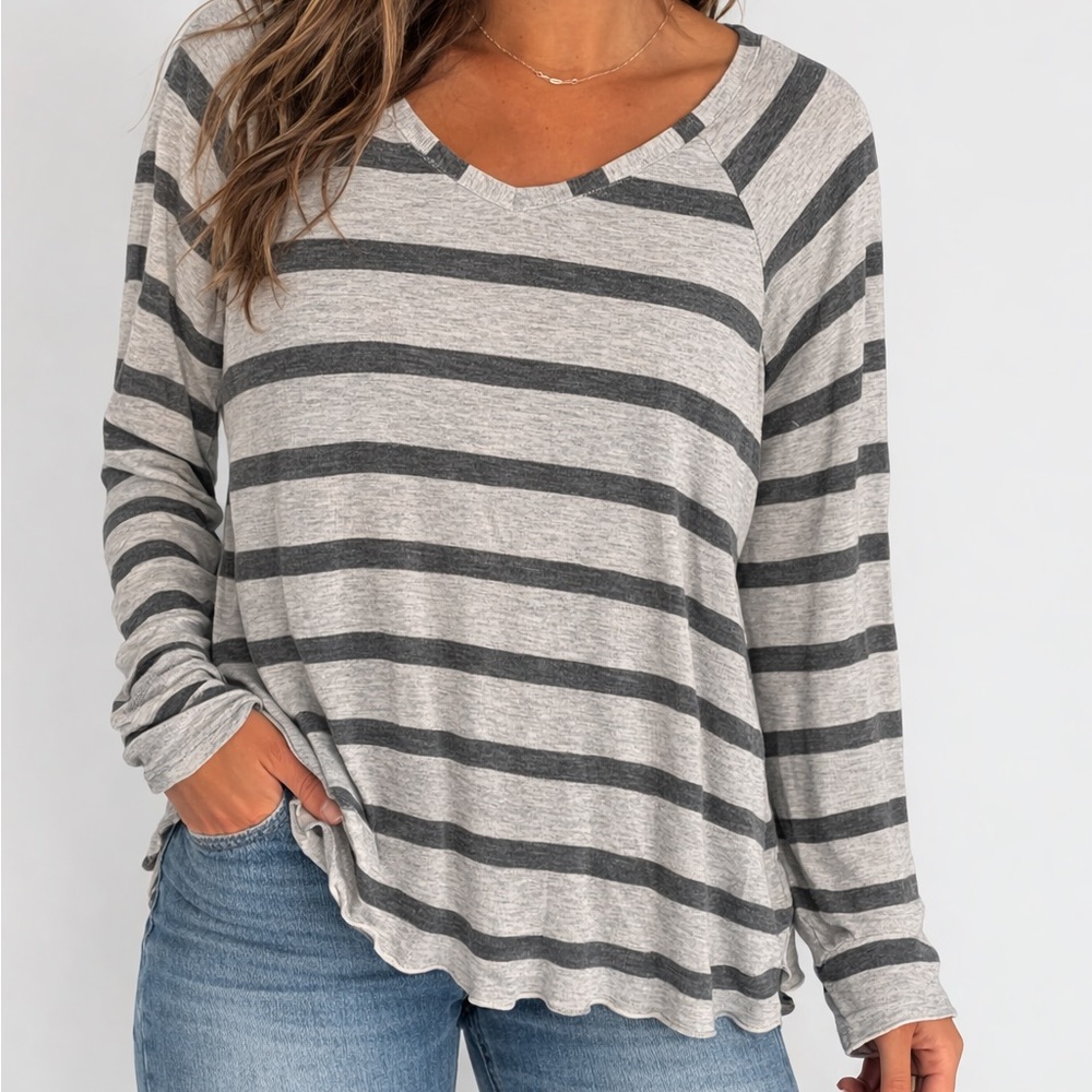 CAbi Gray and White Striped Long Sleeve Top